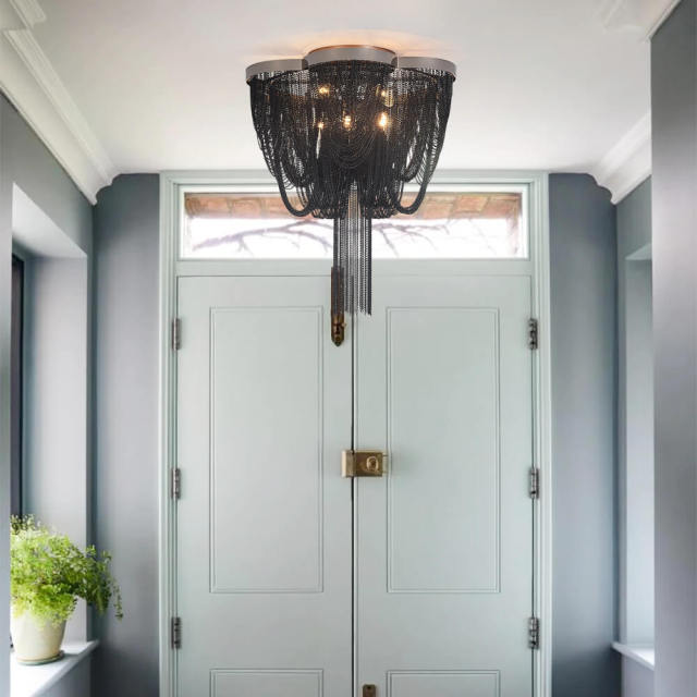 5-Light Modern Glam Tassel Flush Mount Ceiling Light in Black/ Chrome Design Melissa Gorga Chandelier for Bedroom/Living Room /Hallway
