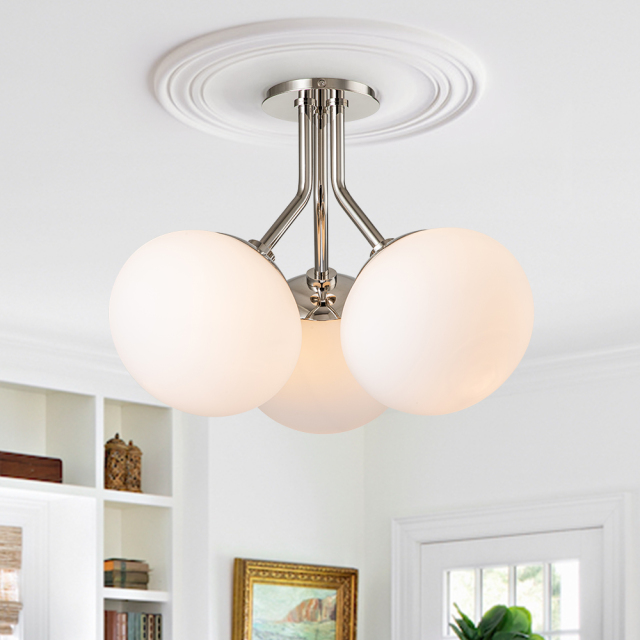 4-Light Modern Mid-Century Sputnik Semi Flush Mount with Frosted Opal Glass Globe for Dining Room/ Kitchen/ Living Room