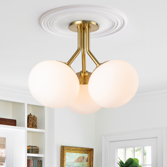 4-Light Modern Mid-Century Sputnik Semi Flush Mount with Frosted Opal Glass Globe for Dining Room/ Kitchen/ Living Room