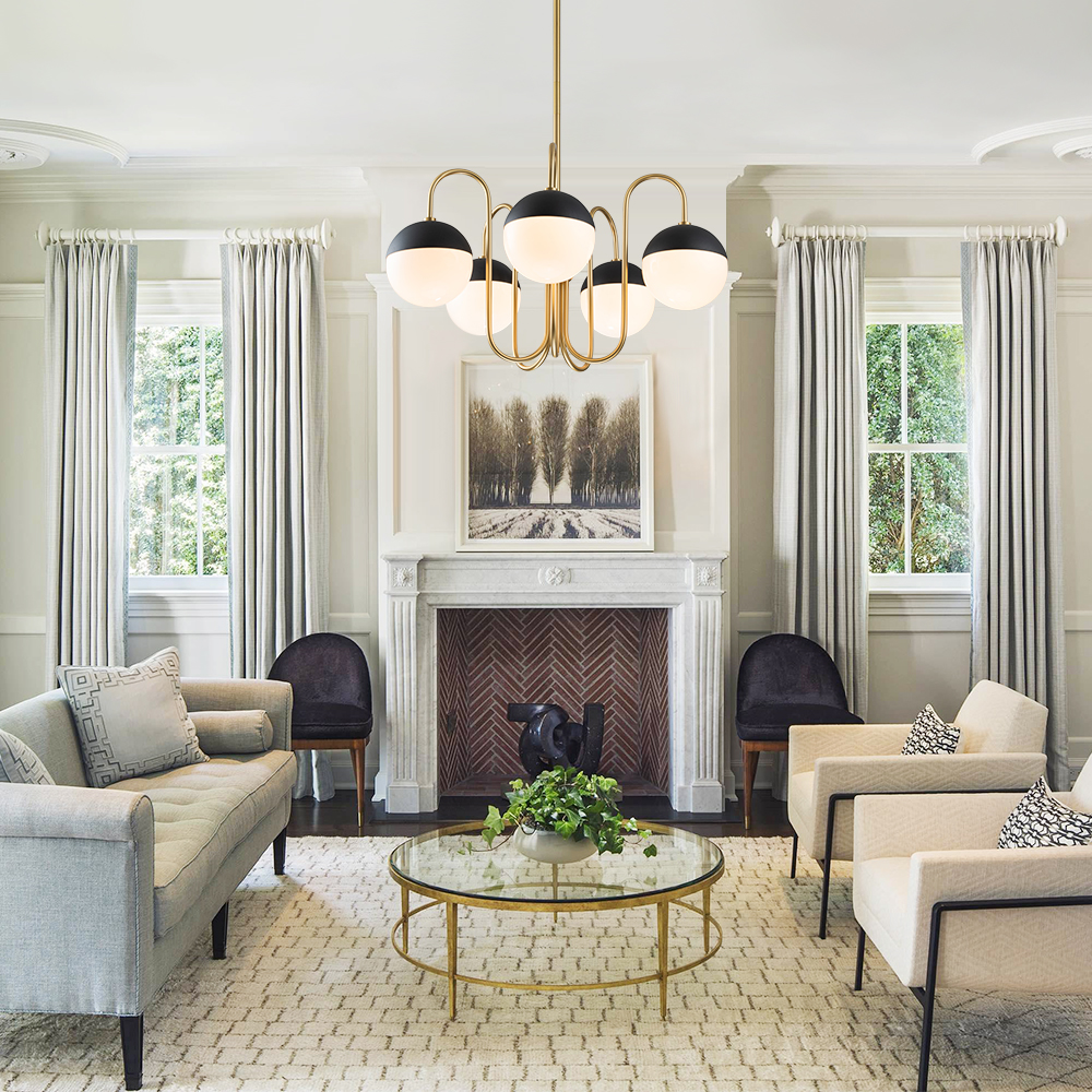 5-Light Modern Mid-century Spherical Frosted Glass Globes Chandelier for Living Room/ Dining Room/ Bedroom