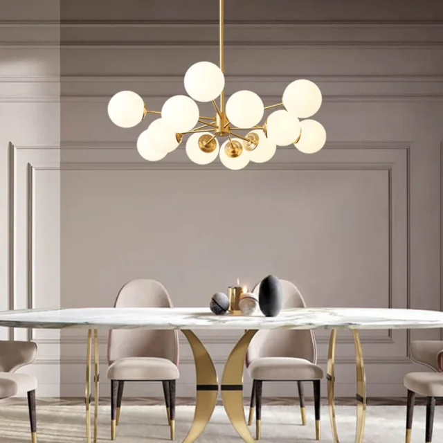 Mid-Century Modern Two-Tier Brass Sputnik Opal Globe Chandelier Light for High Ceiling Dining Room/Living Room