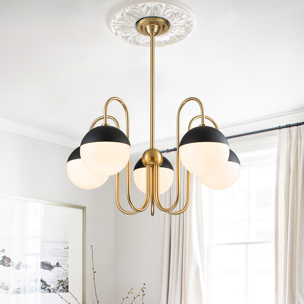 5-Light Modern Mid-century Spherical Frosted Glass Globes Chandelier for Living Room/ Dining Room/ Bedroom