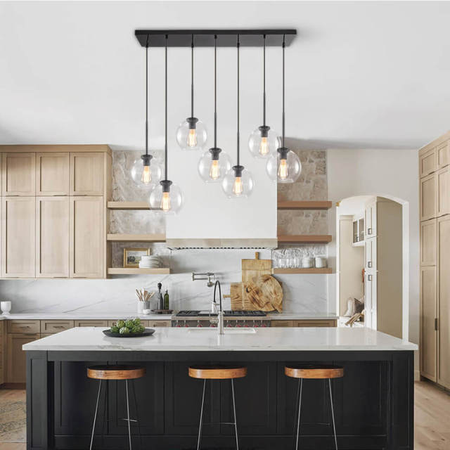 Modern Mid-Century 7-Lights Linear Cluster Hanging Globe Pendant Light Blown Glass Chandelier Over Kitchen Island Dining Table