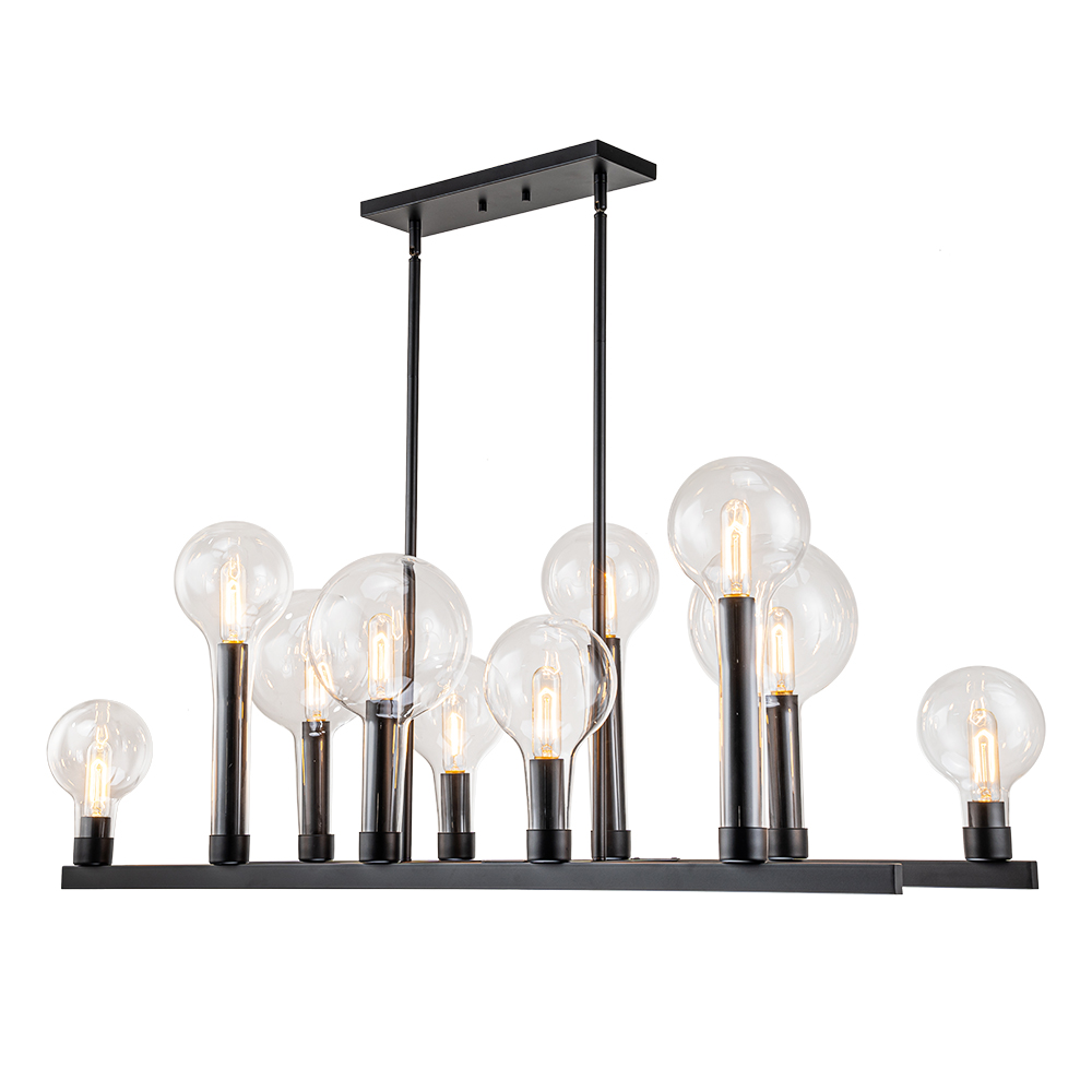 10-Light Modern Clear Glass Globe Linear Island Chandelier in Black Finish for Dining Table/ Kitchen/ Living Room