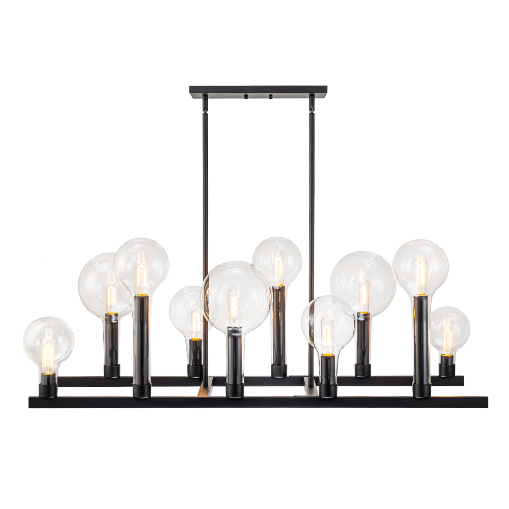 10-Light Modern Clear Glass Globe Linear Island Chandelier in Black Finish for Dining Table/ Kitchen/ Living Room