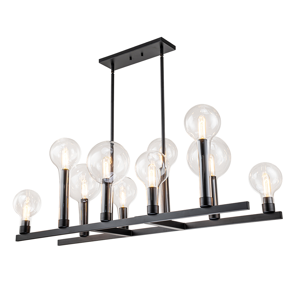 10-Light Modern Clear Glass Globe Linear Island Chandelier in Black Finish for Dining Table/ Kitchen/ Living Room