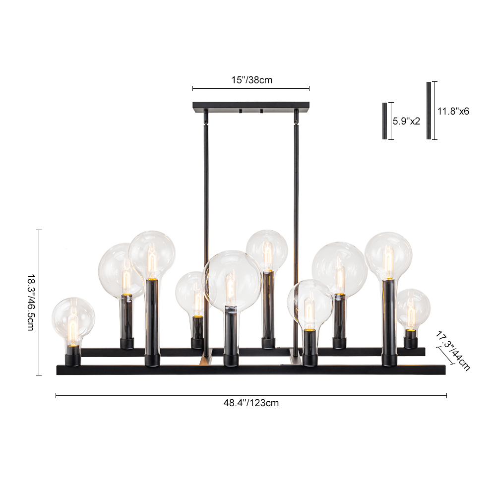 10-Light Modern Clear Glass Globe Linear Island Chandelier in Black Finish for Dining Table/ Kitchen/ Living Room