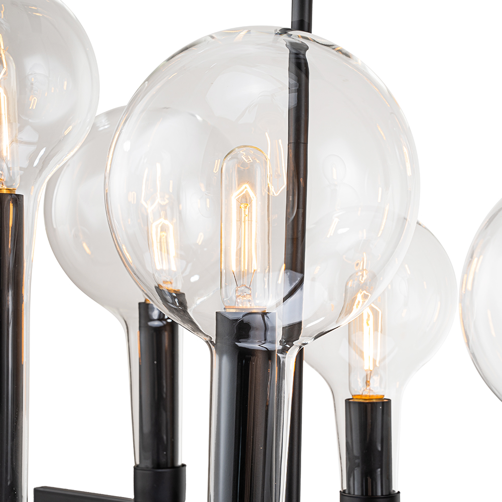 10-Light Modern Clear Glass Globe Linear Island Chandelier in Black Finish for Dining Table/ Kitchen/ Living Room