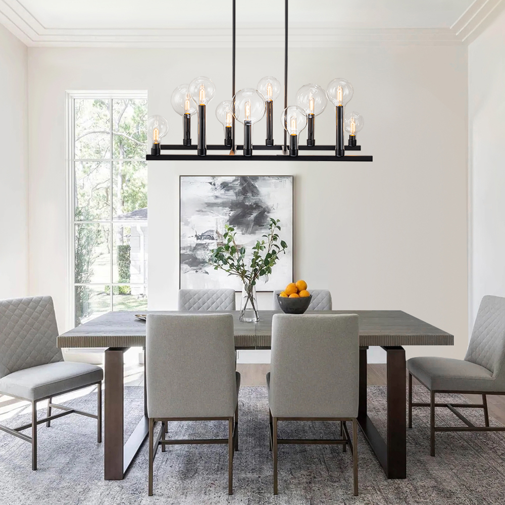 10-Light Modern Clear Glass Globe Linear Island Chandelier in Black Finish for Dining Table/ Kitchen/ Living Room