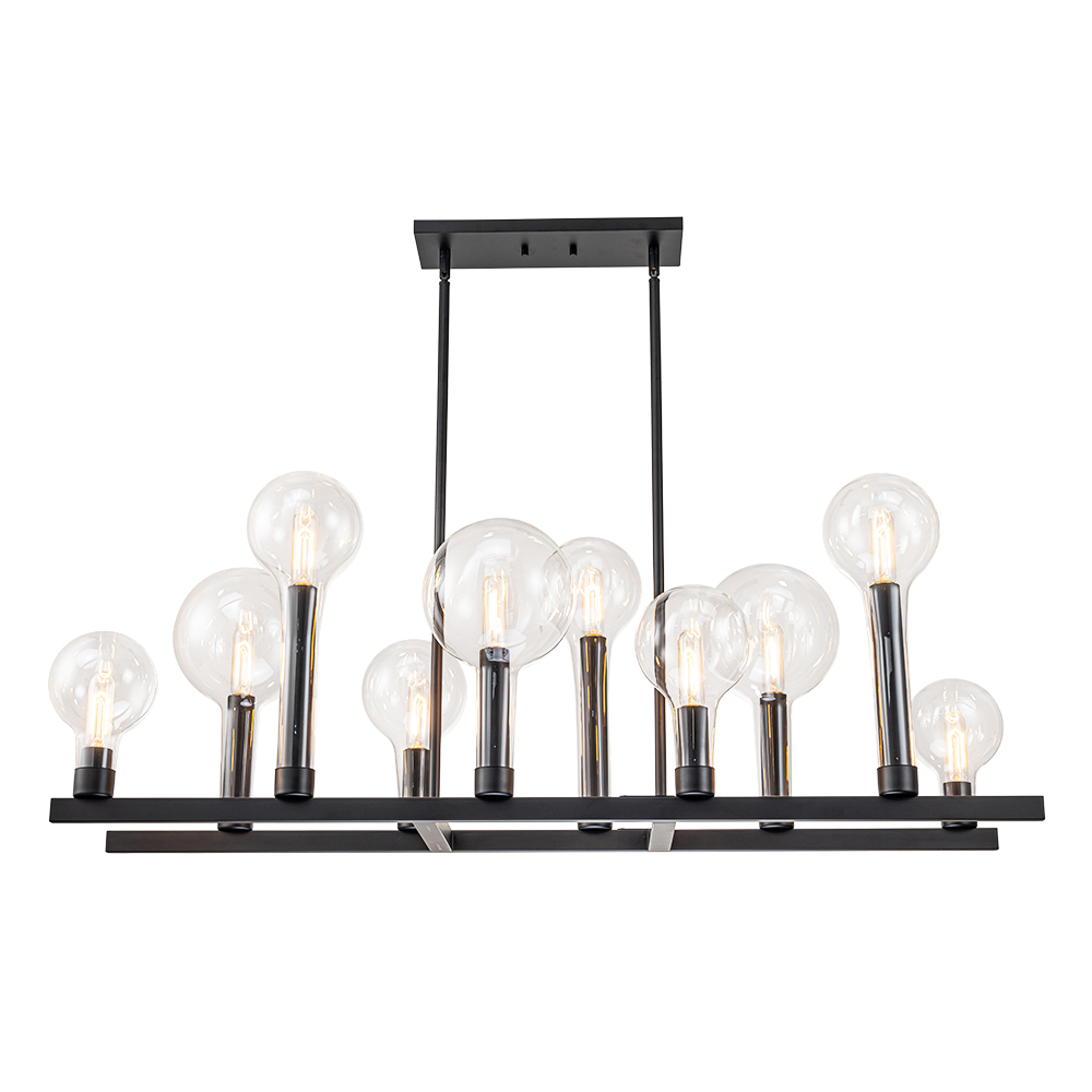 10-Light Modern Clear Glass Globe Linear Island Chandelier in Black Finish for Dining Table/ Kitchen/ Living Room