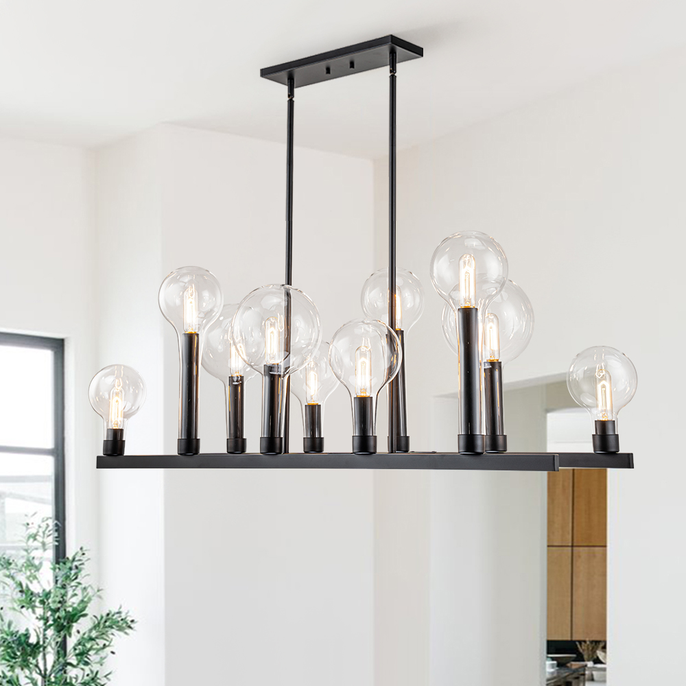 10-Light Modern Clear Glass Globe Linear Island Chandelier in Black Finish for Dining Table/ Kitchen/ Living Room
