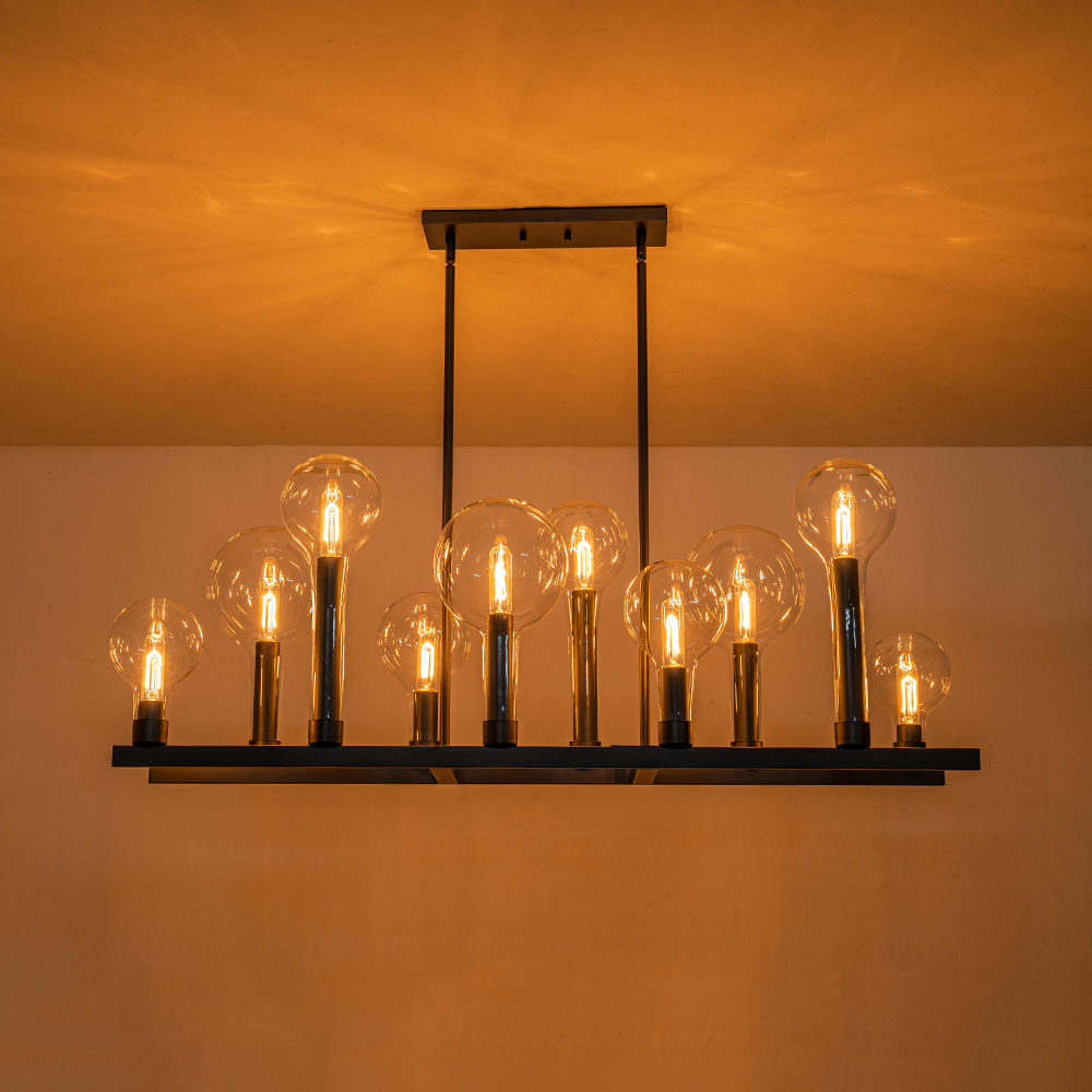 10-Light Modern Clear Glass Globe Linear Island Chandelier in Black Finish for Dining Table/ Kitchen/ Living Room