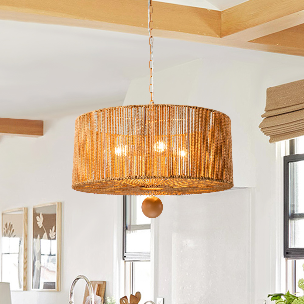 Boho Modern Handwoven Drum Chandelier with Natural Hemp Rope Design Island Chandelier for Bedroom/ Dining Table/ Breakfast Table