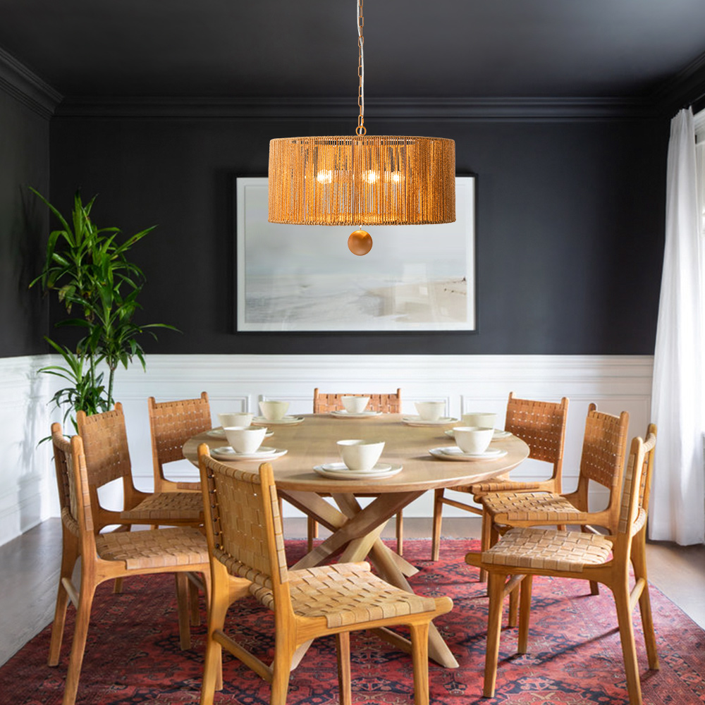 Boho Modern Handwoven Drum Chandelier with Natural Hemp Rope Design Island Chandelier for Bedroom/ Dining Table/ Breakfast Table