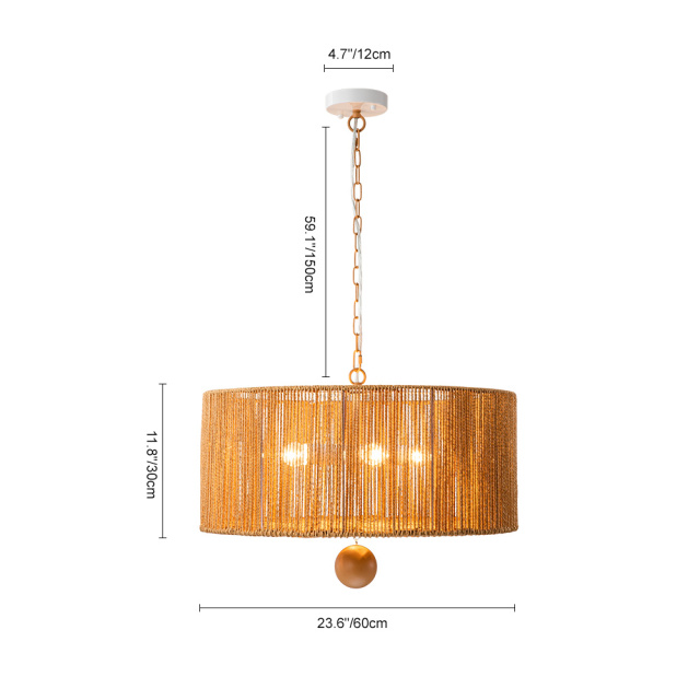 Boho Modern Handwoven Drum Chandelier with Natural Hemp Rope Design Island Chandelier for Bedroom/ Dining Table/ Breakfast Table