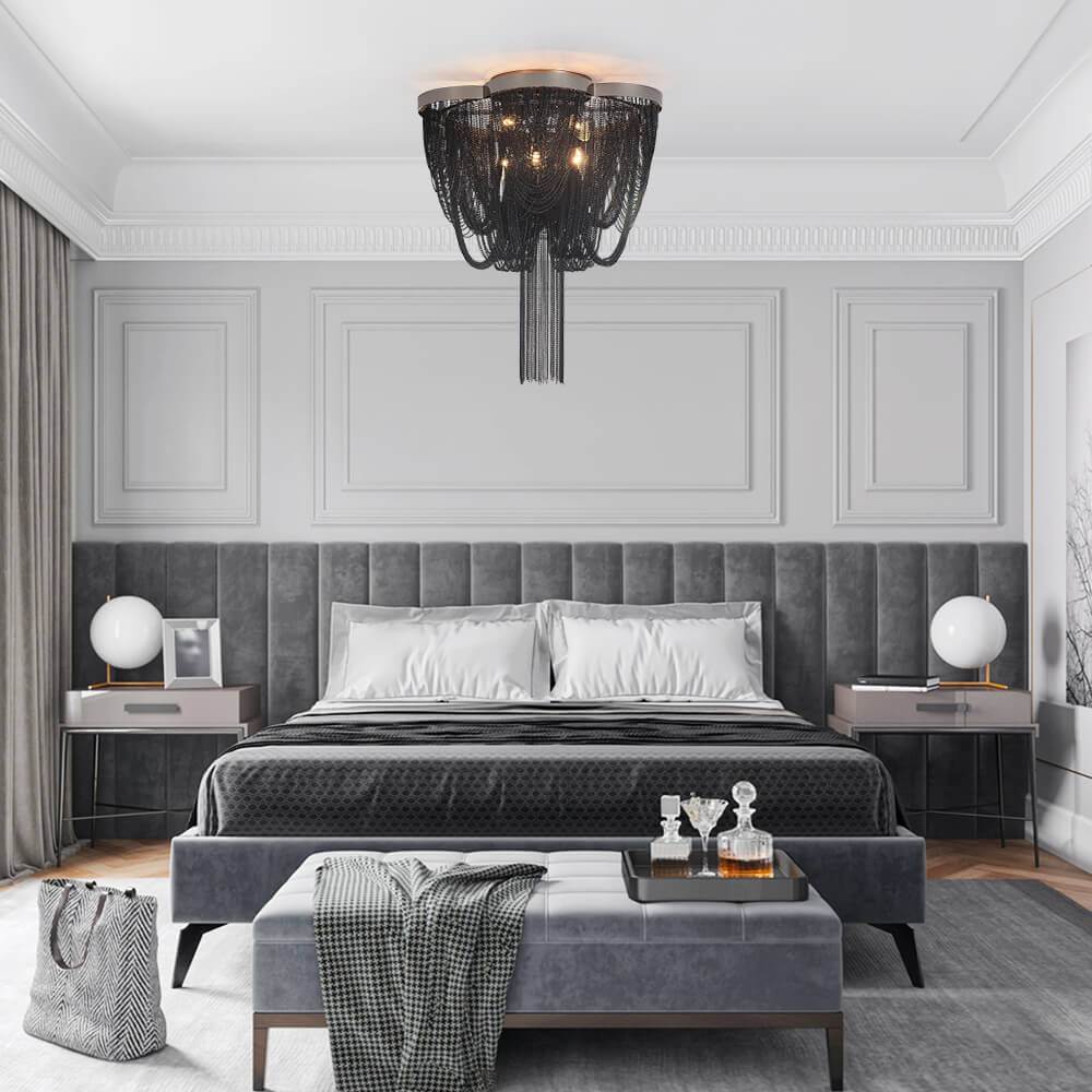 5-Light Modern Glam Tassel Flush Mount Ceiling Light in Black/ Chrome Design for Bedroom/Living Room /Hallway