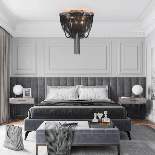5-Light Modern Glam Tassel Flush Mount Ceiling Light in Black/ Chrome Design Melissa Gorga Chandelier for Bedroom/Living Room /Hallway