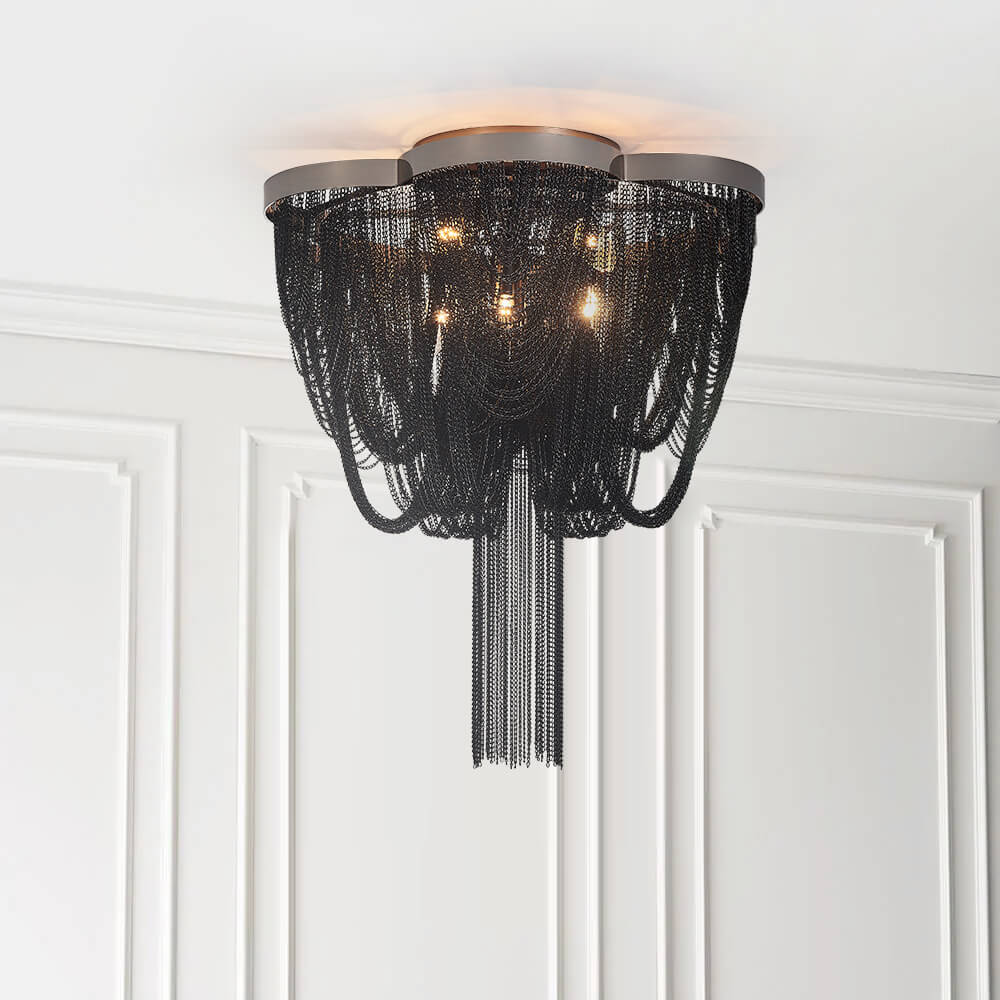 5-Light Modern Glam Tassel Flush Mount Ceiling Light in Black/ Chrome Design for Bedroom/Living Room /Hallway
