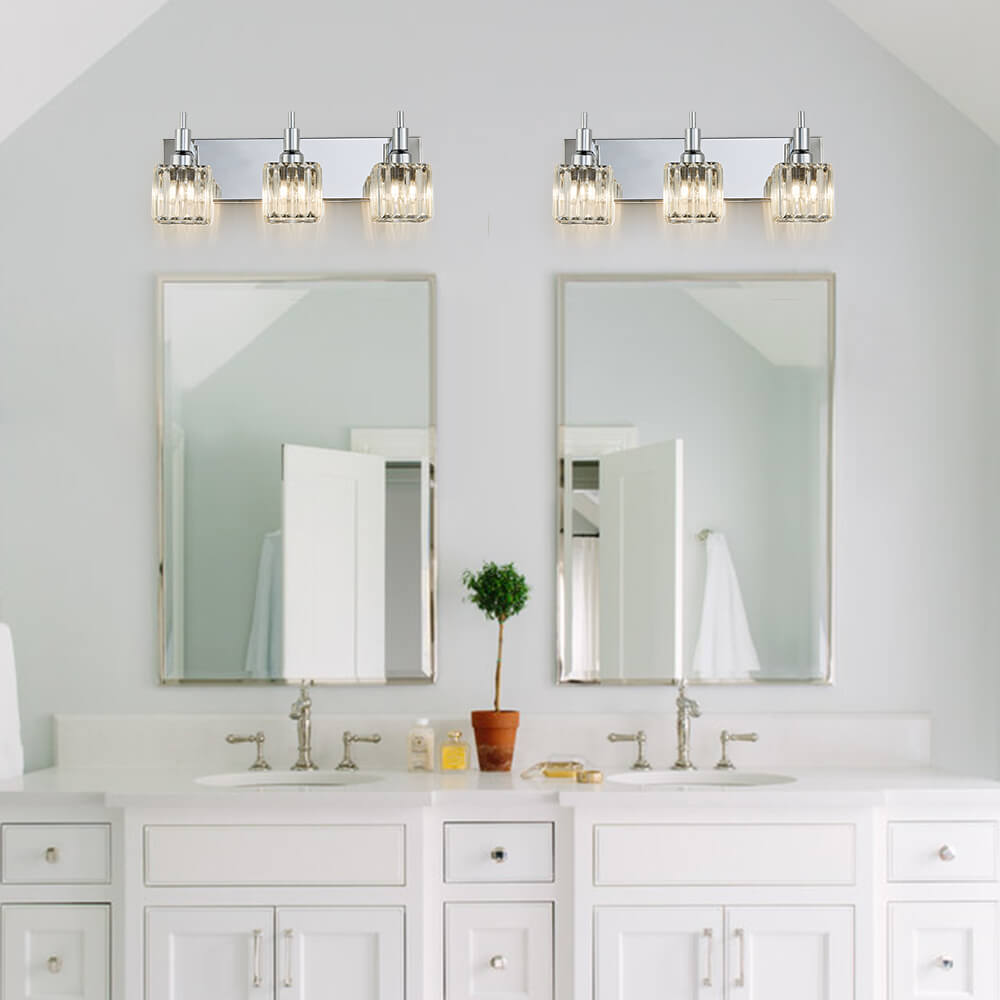 Glam Modern 19.7" Wide 3 Light Crystal Square Wall Sconce Vanity Light in Chrome/ Black+Brass Finish for Bedroom Bathroom Hallway