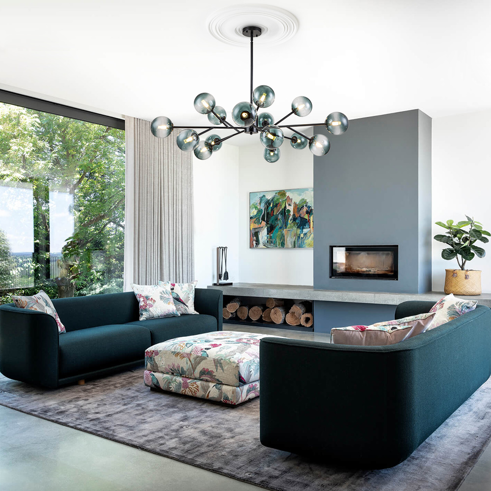 15-Light Glam Modern Mid-century Branching Sputnik Blue Glass Globes Chandelier for Living Room/ Dining Room/ Bedroom