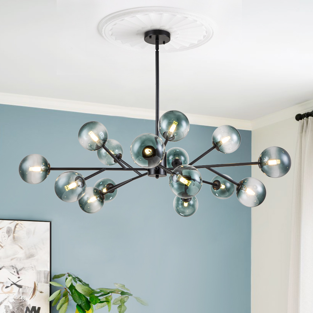 15-Light Glam Modern Mid-century Branching Sputnik Blue Glass Globes Chandelier for Living Room/ Dining Room/ Bedroom