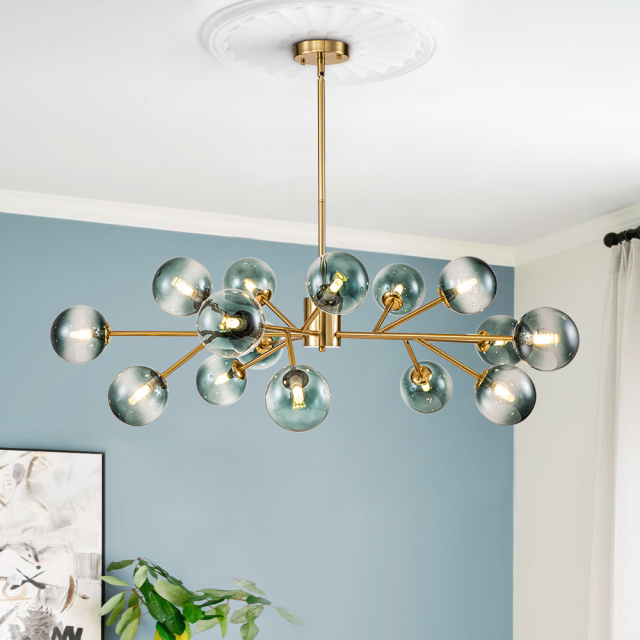 15-Light Glam Modern Branching Sputnik Blue Glass Globes Bubble Chandelier for Living Room/ Dining Room/ Kitchen