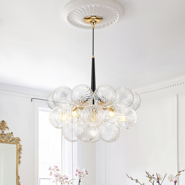 Glam Modern Cluster Ribbed Glass Bubble Chandelier Hanging Light Fixture for Dining Room Living Room Bedroom