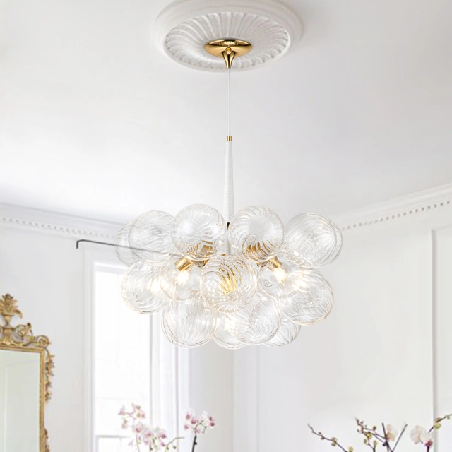 Glam Modern Cluster Ribbed Glass Bubble Chandelier Hanging Light Fixture for Dining Room Living Room Bedroom