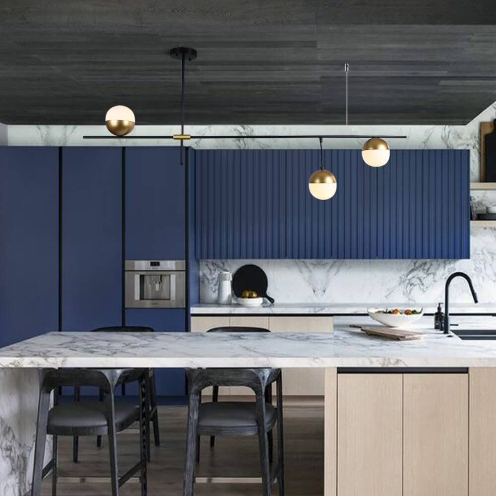 Mid-Century Modern 3 Light Linear Offest Ceiling Pendant Light in Black and Brass with Glass Globes for Dining Room Kitchen Island Restaurant