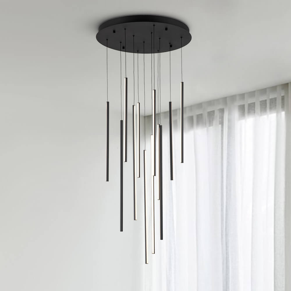 Modern Black LED Multi-Light Chandelier Cluster High Ceiling Pendant Light in Dimmable Warm White for Living Room Staircase Stairway