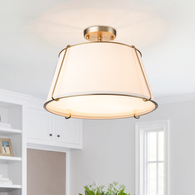 Modern Mid-Century 4-Light Brushed Brass Semi-Flush Mount Ceiling Light with Fabric Shade for Hallway Home Office Entryway