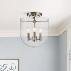 Contemporary Modern 3-Light Bell-Shaped Glass Shade Semi-Flush Mount Ceiling Light for Hallway Home Office Laundry