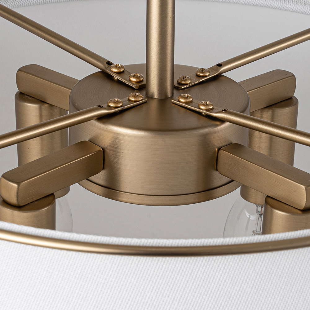 Modern Mid-Century 4-Light Brushed Brass Semi-Flush Mount Ceiling Light with Fabric Shade for Hallway Home Office Entryway
