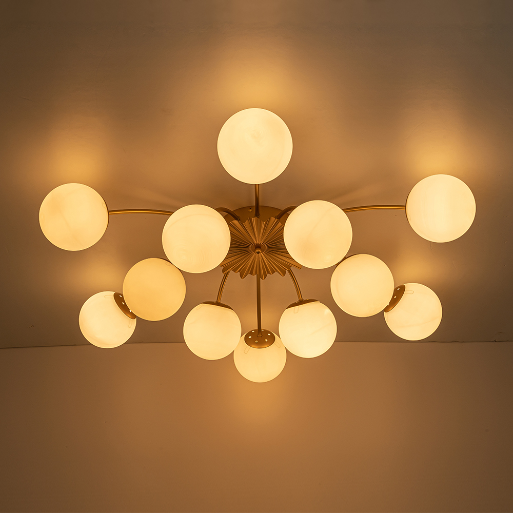 Modern Glam 12-Light Opal Glass Globe Semi-Flush Mount Ceiling Chandelier for Bedroom Dining Room Living Room