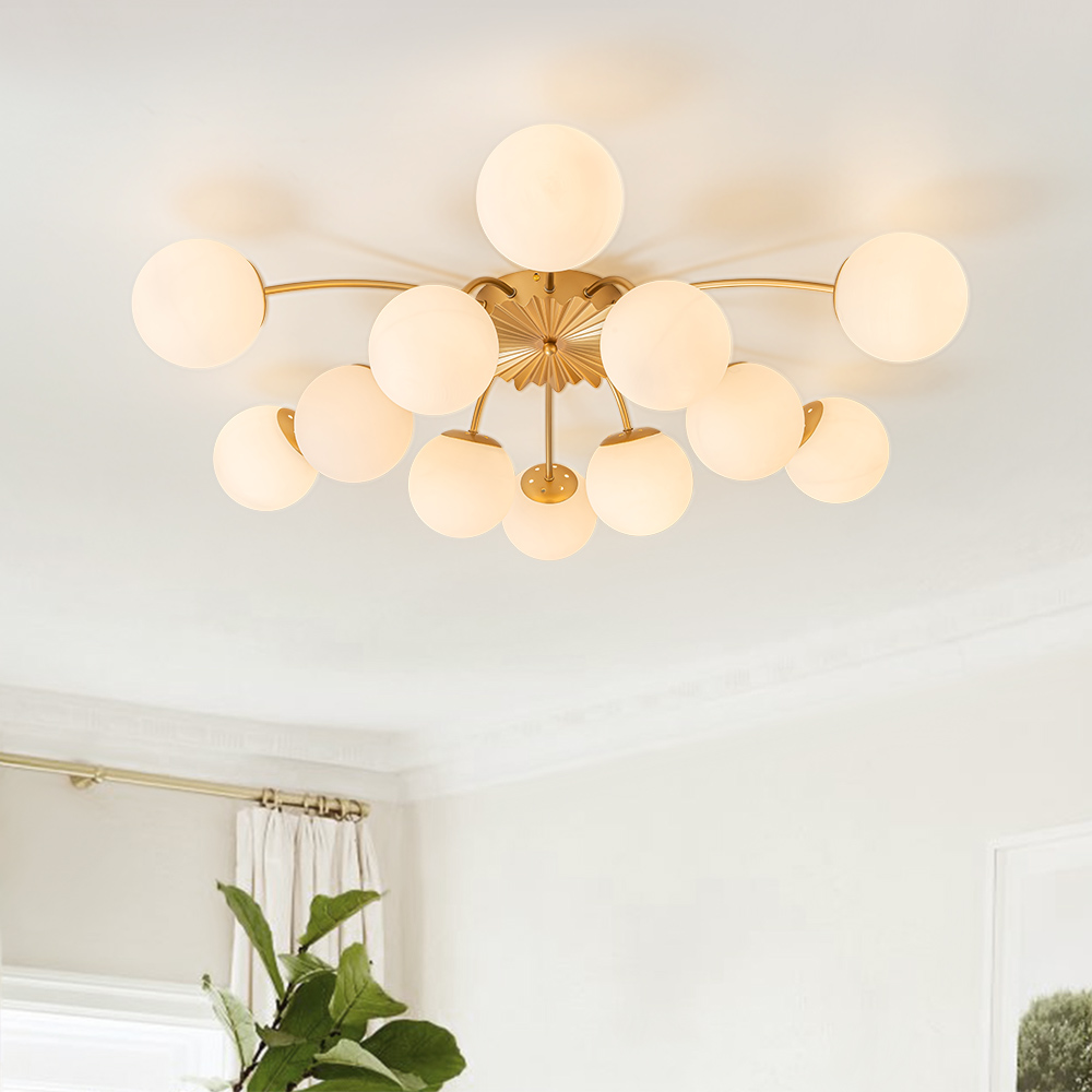 Modern Glam 12-Light Opal Glass Globe Semi-Flush Mount Ceiling Chandelier for Bedroom Dining Room Living Room