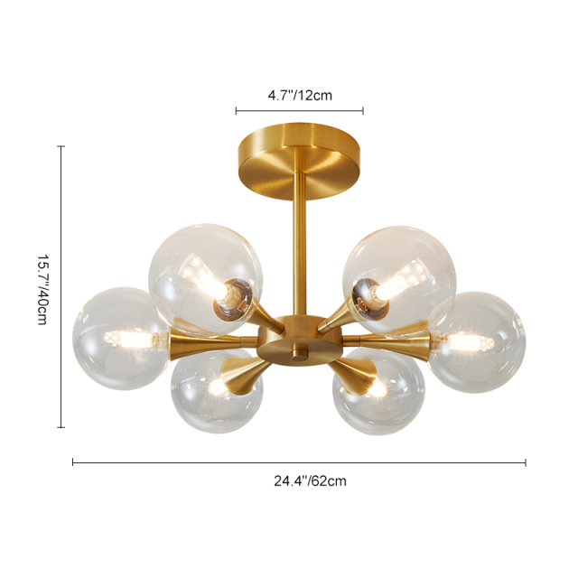 Brass Modern Mid-Century Clear Glass Shade Chandelier Ceiling Light with 6-Light For Bedroom/Hallway/Bathroom