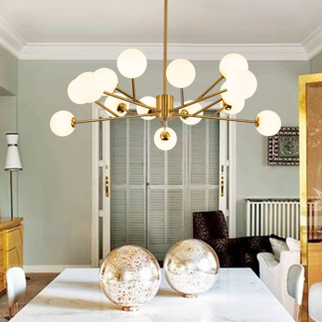 15-Light Glam Modern Sputnik Silhouette Branch Opal Globes Bubble Chandelier for Living Room/ Dining Room/ Kitchen