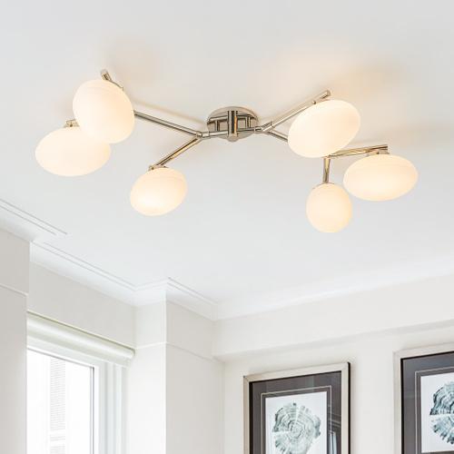 Modern Mid-Century 6-Light Opal Oval Glass Globe Semi-Flush Mount Branching Ceiling Light for Bedroom Dining Room Living Room