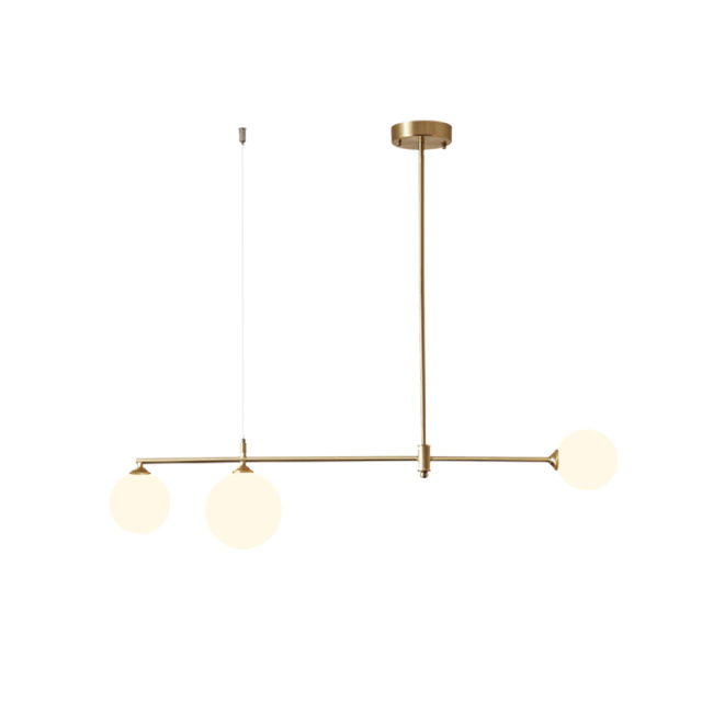 Mid-Century Modern 3 Light Linear Brass Ceiling Light with Round Glass Shade for Kitchen Island Dining Table