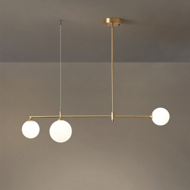 Mid-Century Modern 3 Light Linear Brass Ceiling Light with Round Glass Shade for Kitchen Island Dining Table