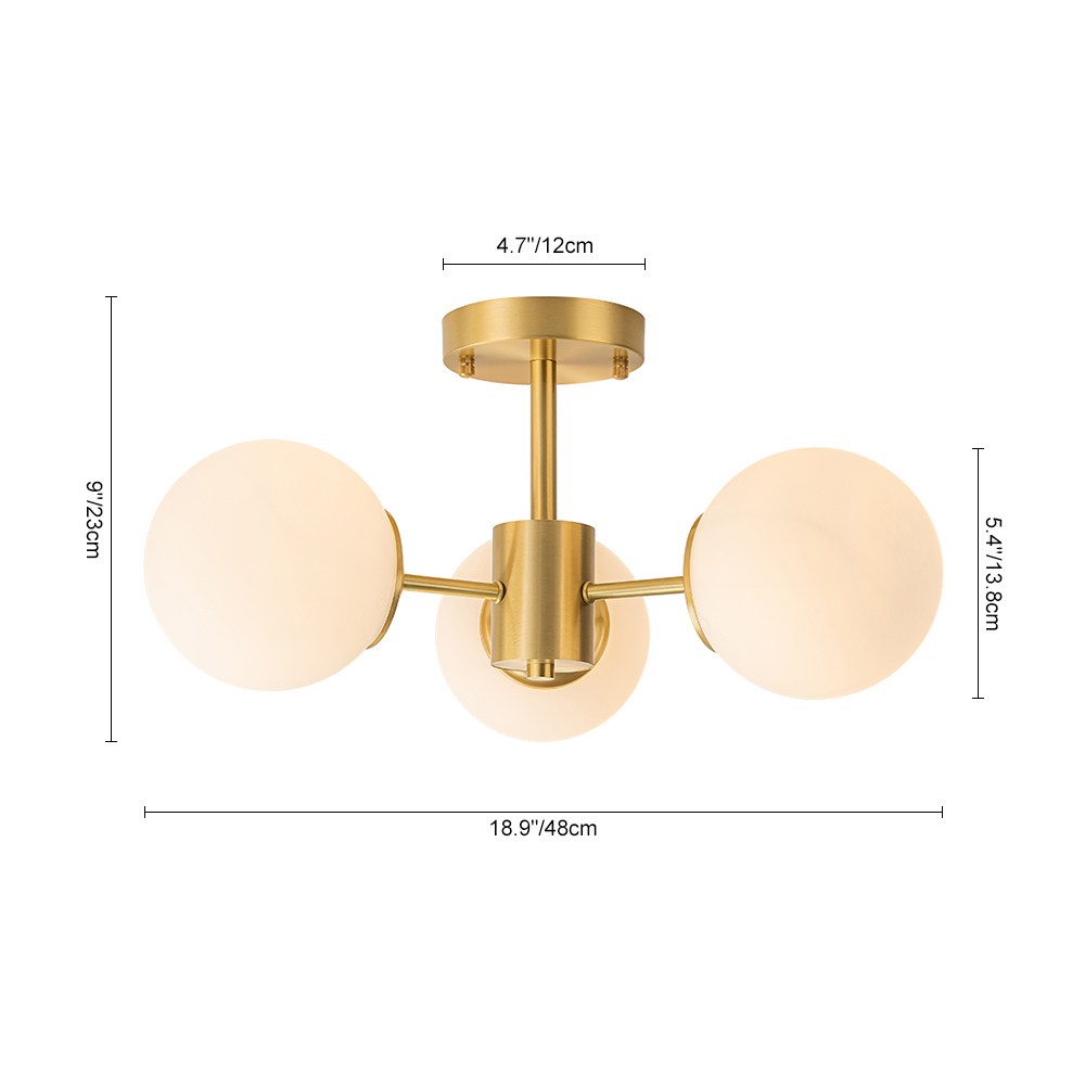 3-Light Mid-Century Modern Semi Flush Mount with Frosted Glass Globe for Dining Room/ Kitchen/ Living Room