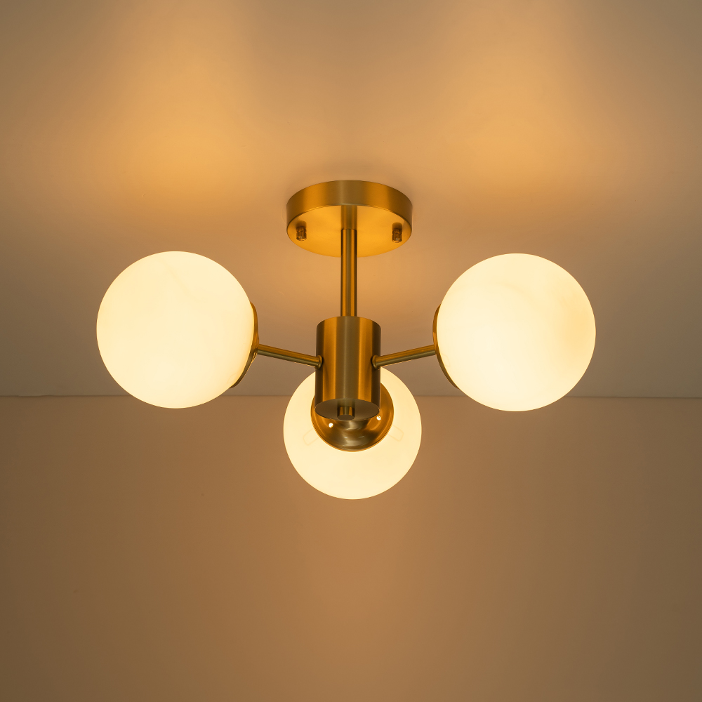 3-Light Mid-Century Modern Semi Flush Mount with Frosted Glass Globe for Dining Room/ Kitchen/ Living Room