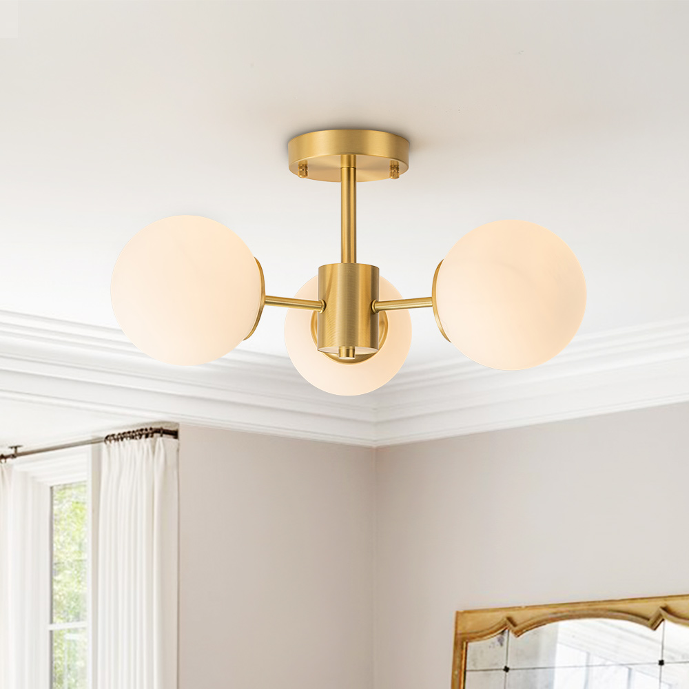 3-Light Mid-Century Modern Semi Flush Mount with Frosted Glass Globe for Dining Room/ Kitchen/ Living Room