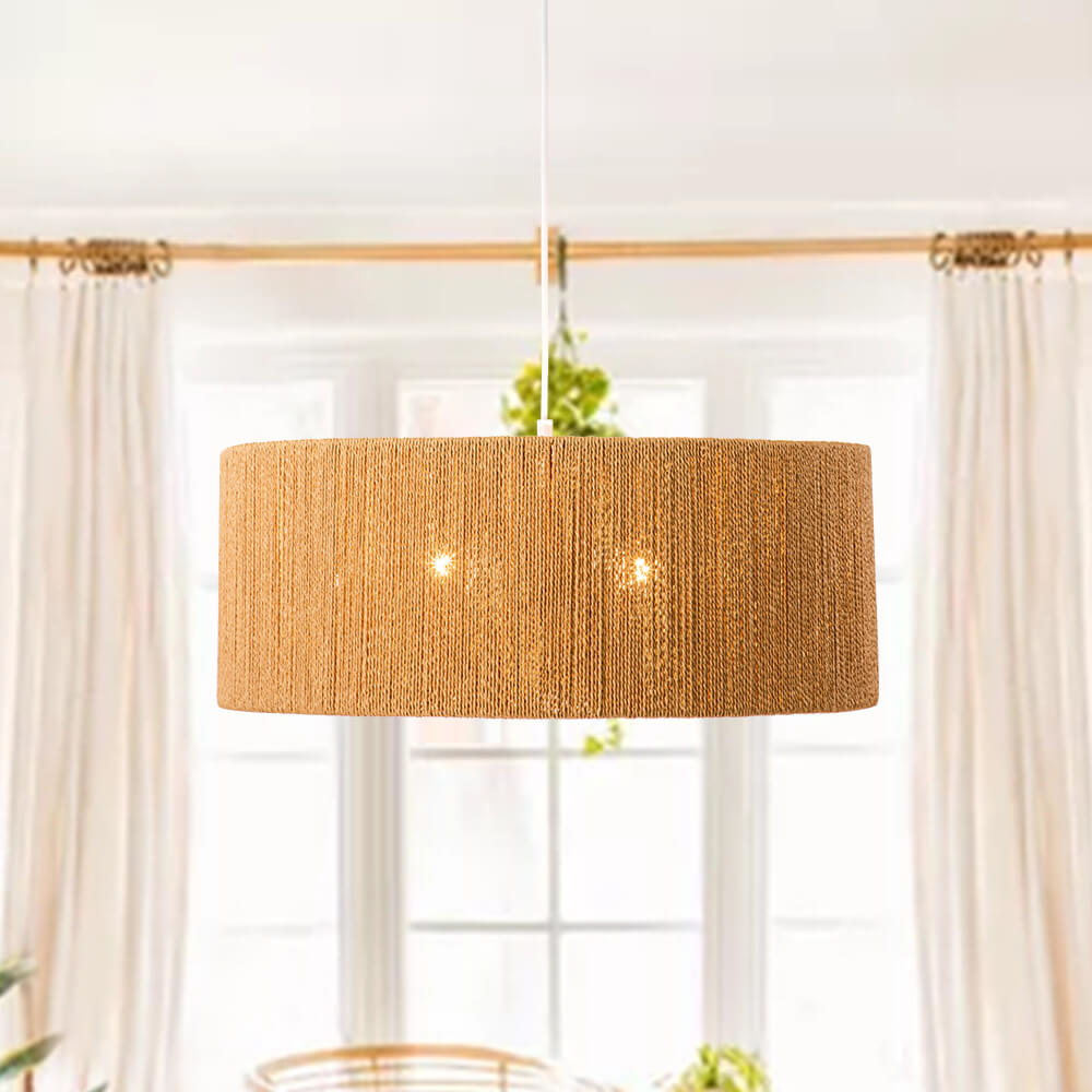 Boho Modern Handwoven Drum Chandelier with Natural Hemp Rope Design Island Chandelier for Bedroom/ Dining Table/ Breakfast Table