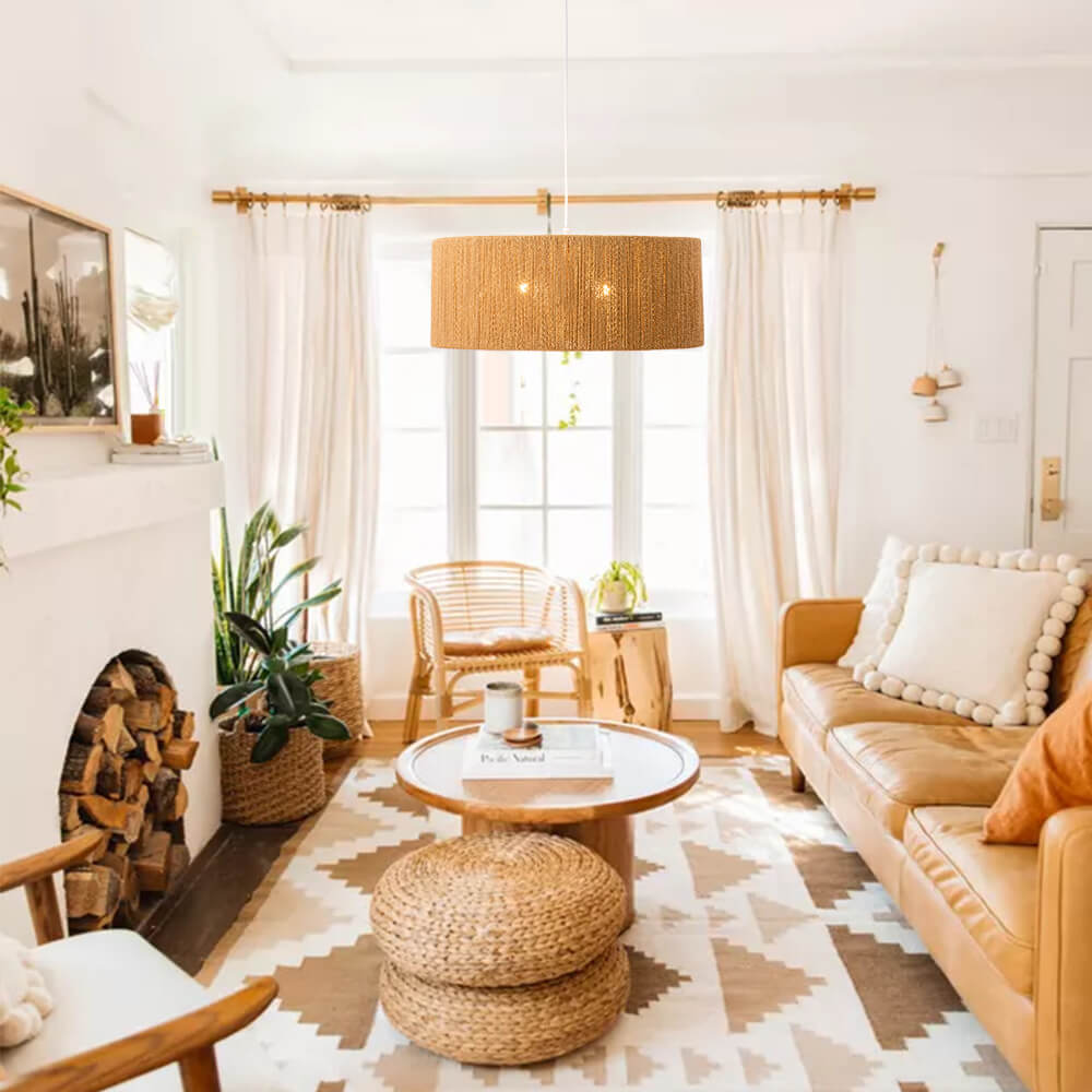 Boho Modern Handwoven Drum Chandelier with Natural Hemp Rope Design Island Chandelier for Bedroom/ Dining Table/ Breakfast Table