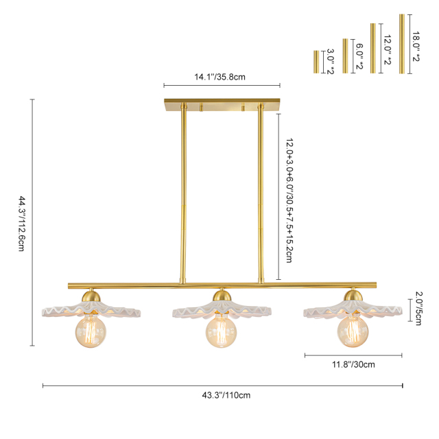 3-Light Glam Modern Linear Design Island Chandelier in Aged Brass Ceramic Gloss Hanging Light for Dining Room Home Office