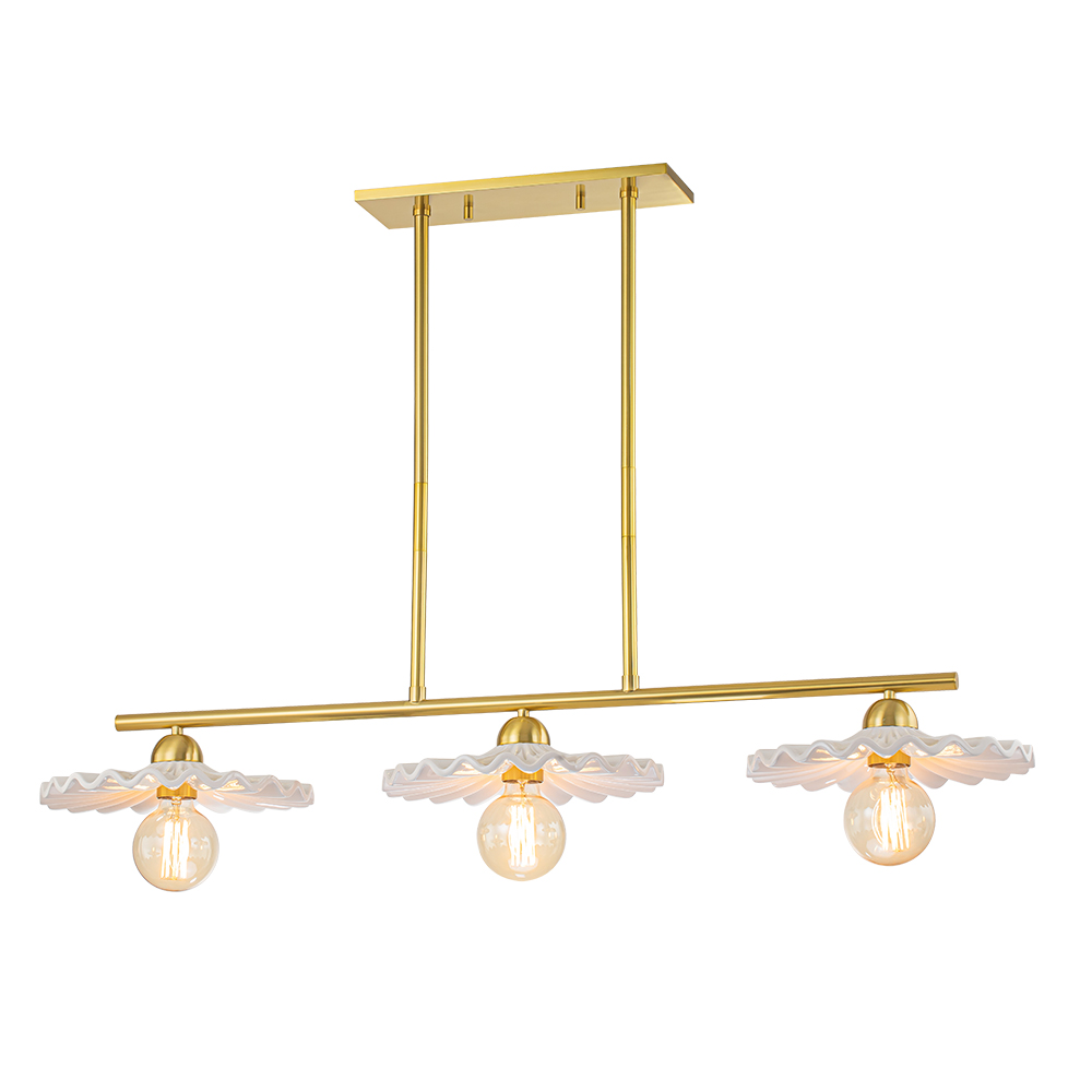 3-Light Glam Modern Linear Design Island Chandelier in Aged Brass Ceramic Gloss Hanging Light for Dining Room Home Office