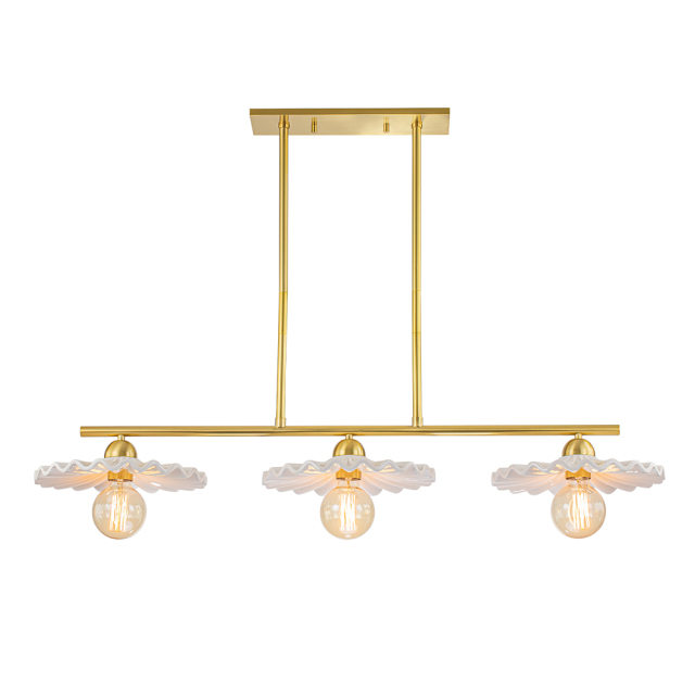 3-Light Glam Modern Linear Design Island Chandelier in Aged Brass Ceramic Gloss Hanging Light for Dining Room Home Office