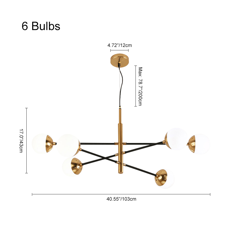 Mid Century Modern 6-Light Sputnik Chandelier in Brass with Globe Shade for Living Room Dining Room