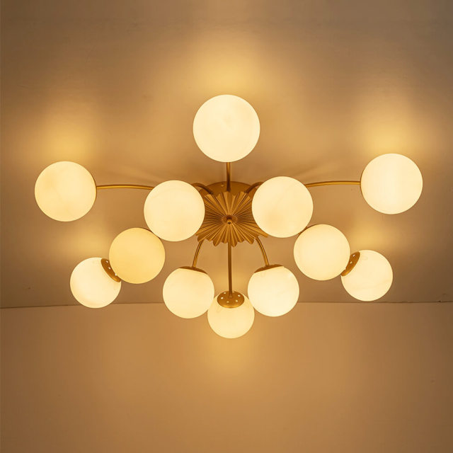 Modern Glam 12-Light Opal Glass Globe Semi-Flush Mount Ceiling Chandelier for Bedroom Dining Room Living Room